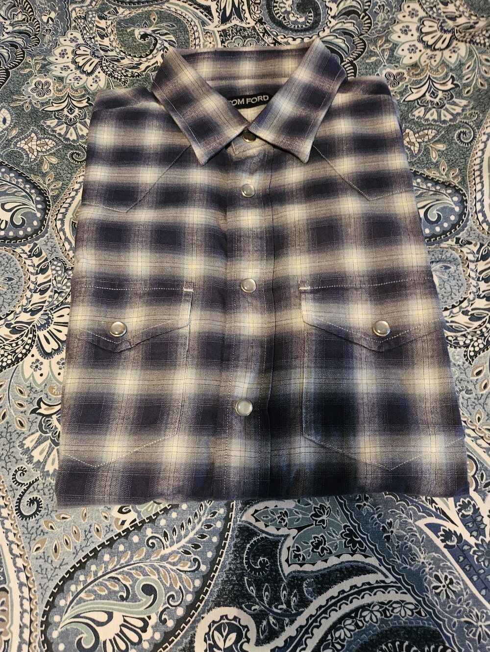 Tom Ford Mens Western Shirt Blue and White Plaid Button-Down Shirt